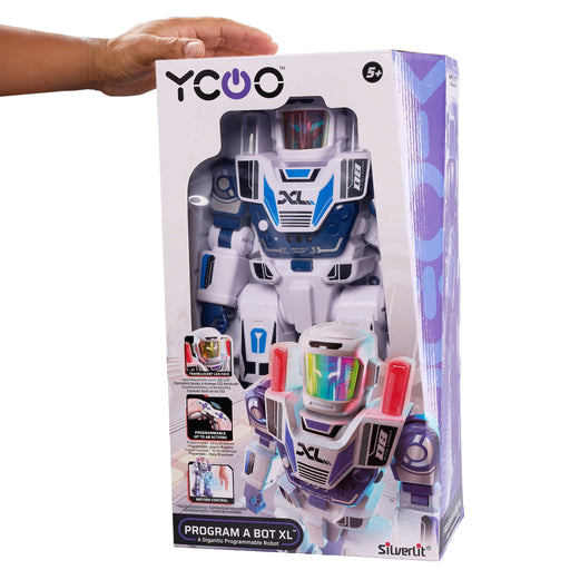 YCOO Program A Bot XL toy robot packaging with a hand holding it.