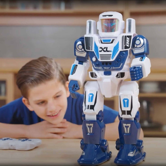 Child playing with a robot toy on a table