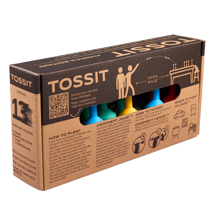 Cardboard packaging of TOSSIT product with colorful elements and text.