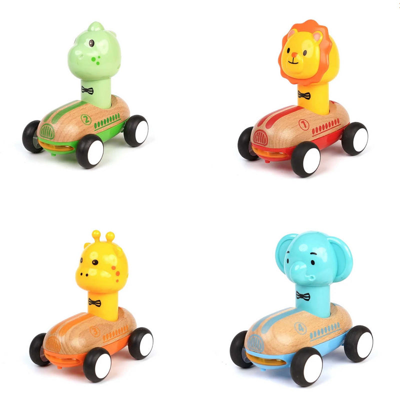 Four animal-themed toy cars on a white background