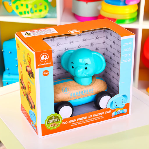 Blue elephant-shaped wooden press go racing car in packaging with colorful background