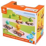 Wanbors wooden press go racing car toy packaging with colorful cars and animals on a white background