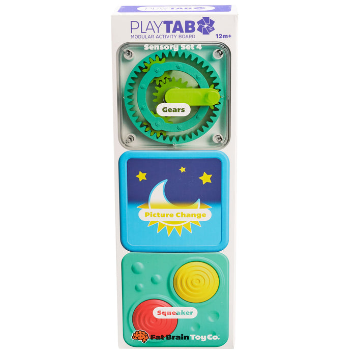 PlayTAB modular activity board with gears, picture change, and squeezer features on a white background.