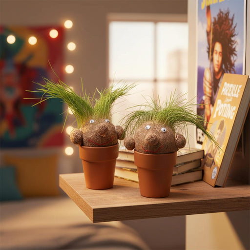 Two small potted clay planters with fuzzy brown creatures on grass, displayed on a wooden shelf in a cozy room setting with books and warm string lights in the background.