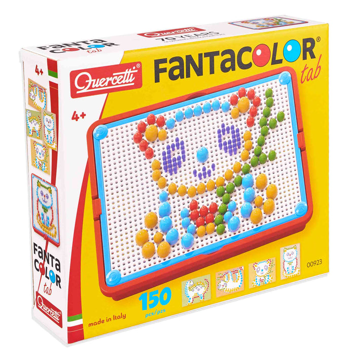 Quercetti Fantacolor tab toy packaging with colorful letters and numbers on a white background