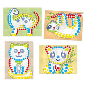 Set of four colorful cat-themed cross-stitch patterns on different backgrounds.