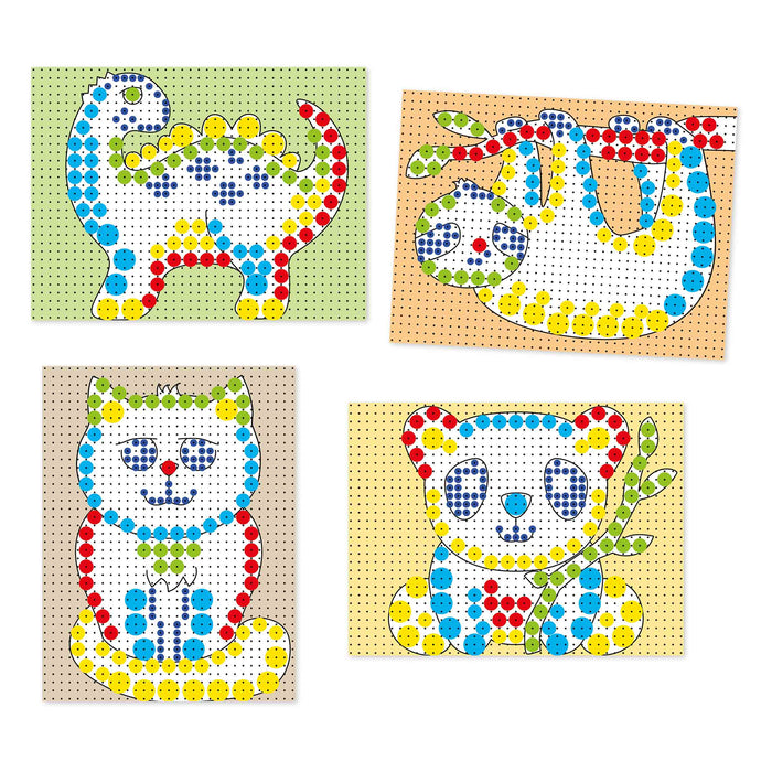 Set of four colorful cat-themed cross-stitch patterns on different backgrounds.