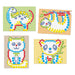 Set of four colorful cat-themed cross-stitch patterns on different backgrounds.
