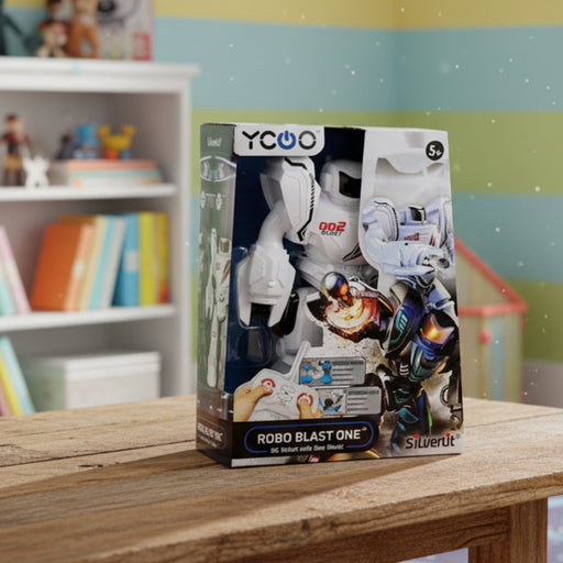 YCOO Robo Blast One toy robot packaging on a wooden surface with a colorful shelf in the background.