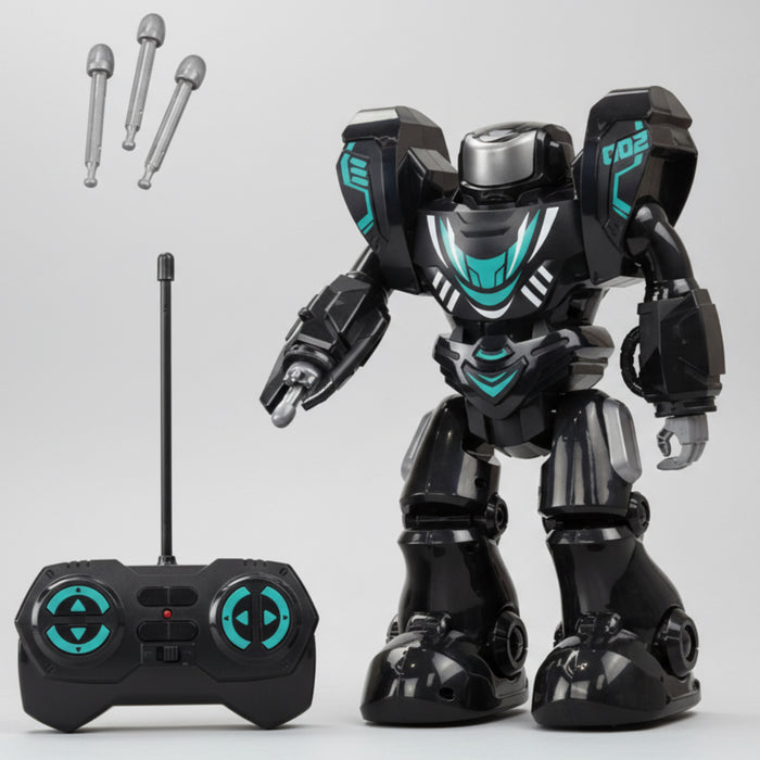 Toy robot with remote control on a light gray background
