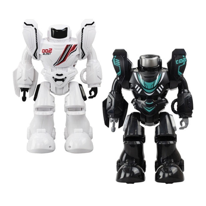 Two toy robots, one white and one black with teal accents, on a white background.
