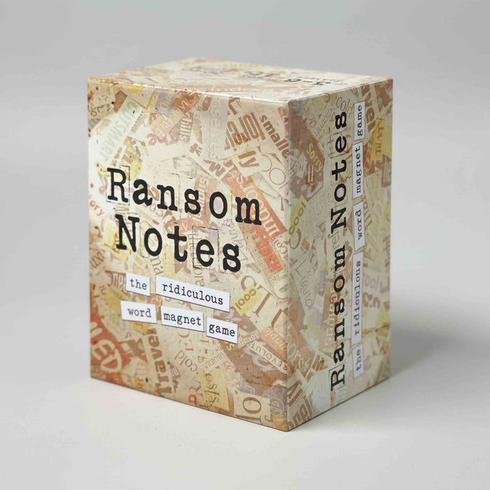 Box of 'Ransom Notes' game with text on a gray background