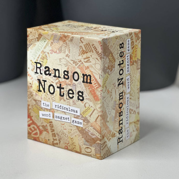 Box of 'Ransom Notes' game with text on a gray background
