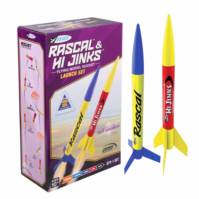 Estes Rascal & Hi Jinks flying model rocket launch set with packaging on a white background