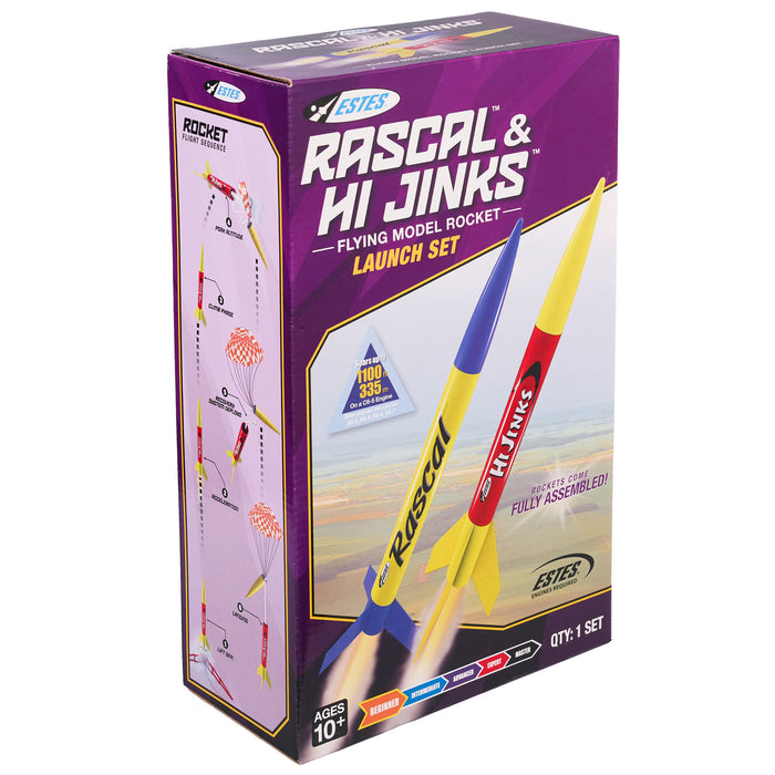 Estes Rascal & Hi Jinks flying model rocket launch set packaging on a white background