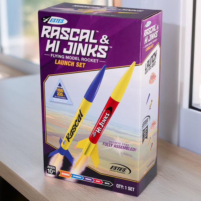 Estes Rascal & Hi Jinks model rocket launch set packaging on a table.