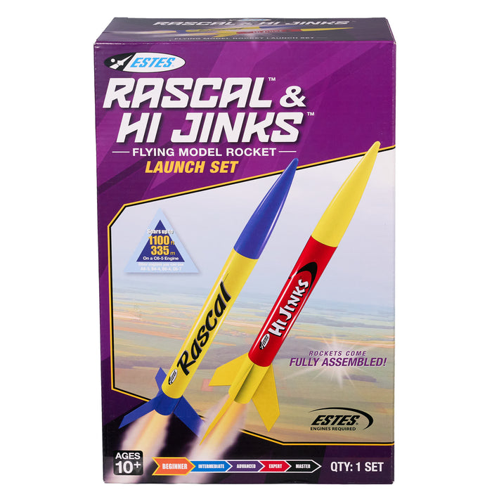 Estes Rascal & Hi Jinks flying model rocket launch set packaging on a white background