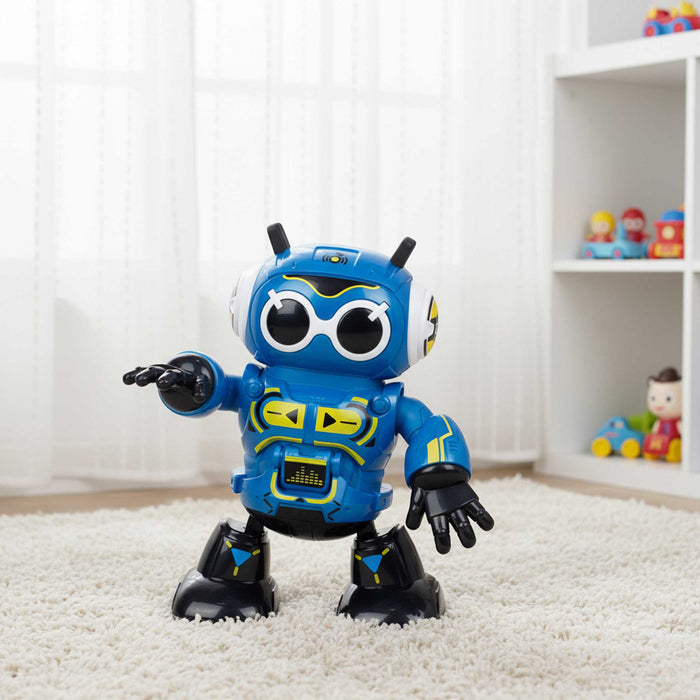 Toy robot on a carpeted floor with a white curtain and shelves in the background