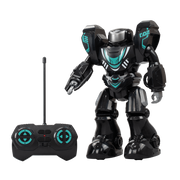A black robotic toy called Robo Blast with blue accents, accompanied by a remote control.