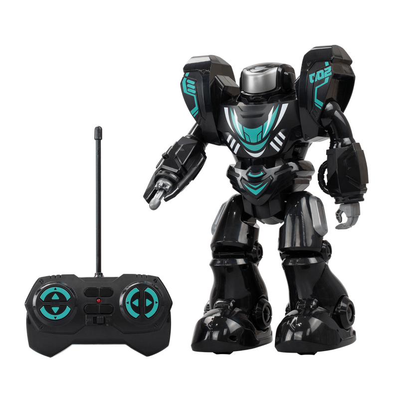 A black robotic toy called Robo Blast with blue accents, accompanied by a remote control.