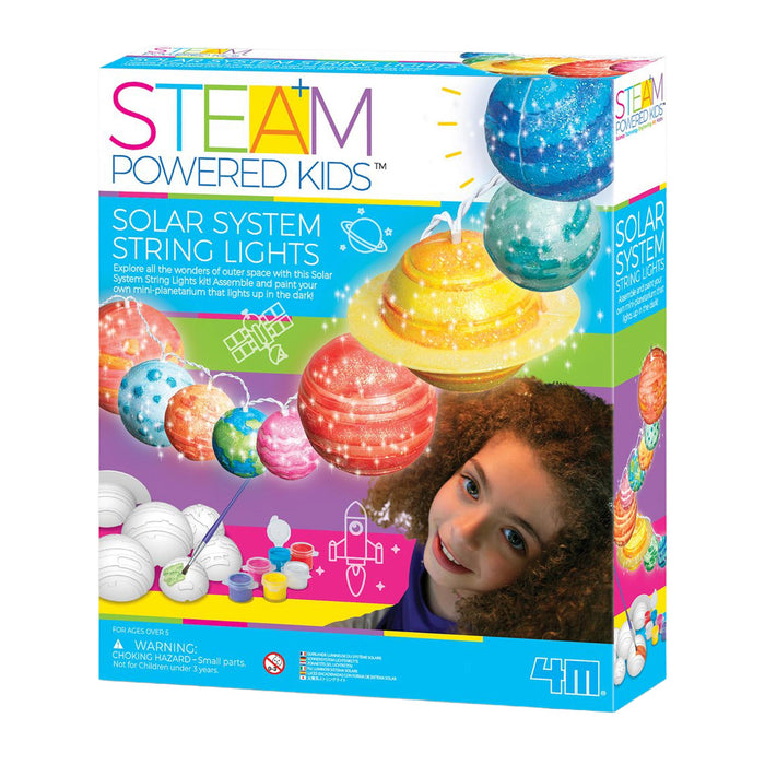 STEAM Powered Kids Solar System String Lights craft kit box by 4M, featuring colorful graphics of glowing planets, a child's face, and white string lights on a bright blue and multicolor box.