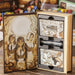 Wooden book-shaped box with illustrations and compartments on a wooden surface
