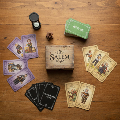 Collection of cards  of salem 1692 with various designs and text on a white background