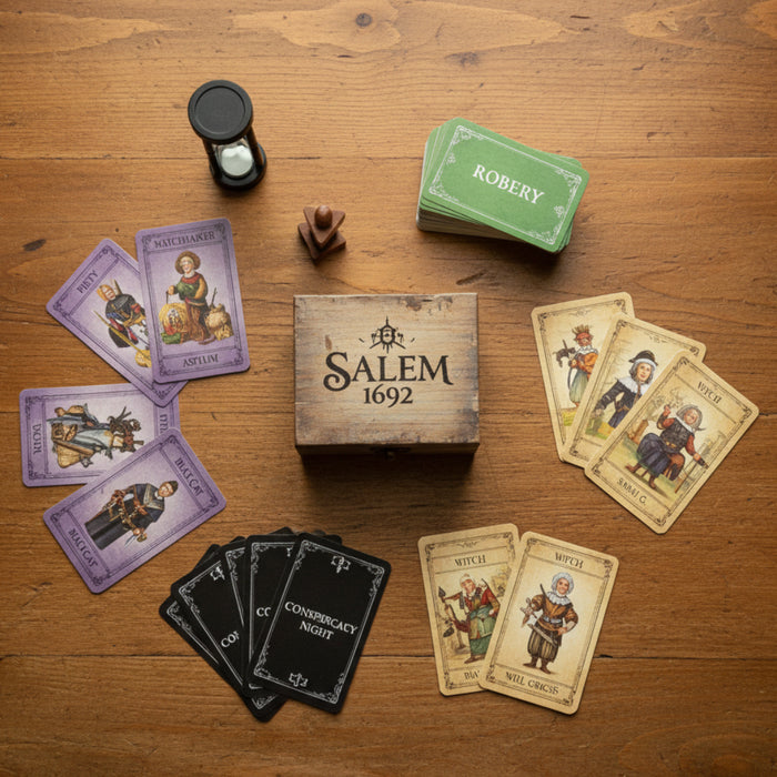 Collection of cards  of salem 1692 with various designs and text on a white background
