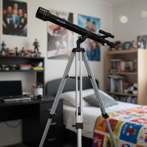 Telescope on a tripod in a room with a bed and desk.