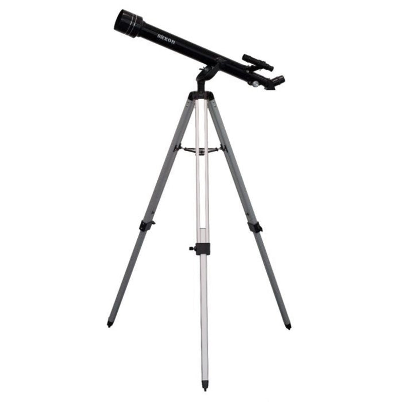 Black telescope on a silver tripod against a white background