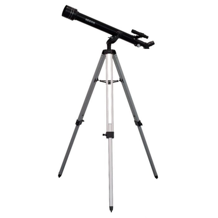 Black telescope on a silver tripod against a white background