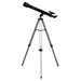 Black telescope on a silver tripod against a white background