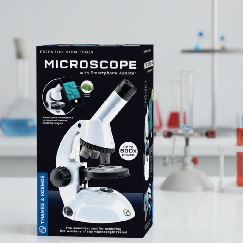 Box of a microscope with smartphone adapter on a blurred laboratory background