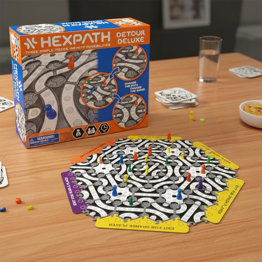 Hexpath Detour Deluxe maze game set with packaging on a white background