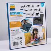 The retail packaging box for 'Explore Sensory Cards' by Mindful Motions and SparkWow, featuring a white background with blue borders, product illustrations, and a lifestyle photo of a child playing with the cards.
