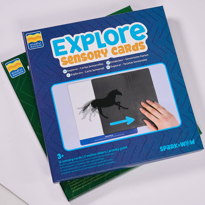 Spark & Wink Explore Sensory Cards activity kit box, showing a blue front cover with a photo of a sliding horse activity and a hand touching the card, with two green activity sheets partially visible underneath on a white surface.