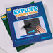 Spark & Wink Explore Sensory Cards activity kit box, showing a blue front cover with a photo of a sliding horse activity and a hand touching the card, with two green activity sheets partially visible underneath on a white surface.