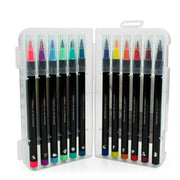 Set of colorful markers in a clear plastic case on a white background