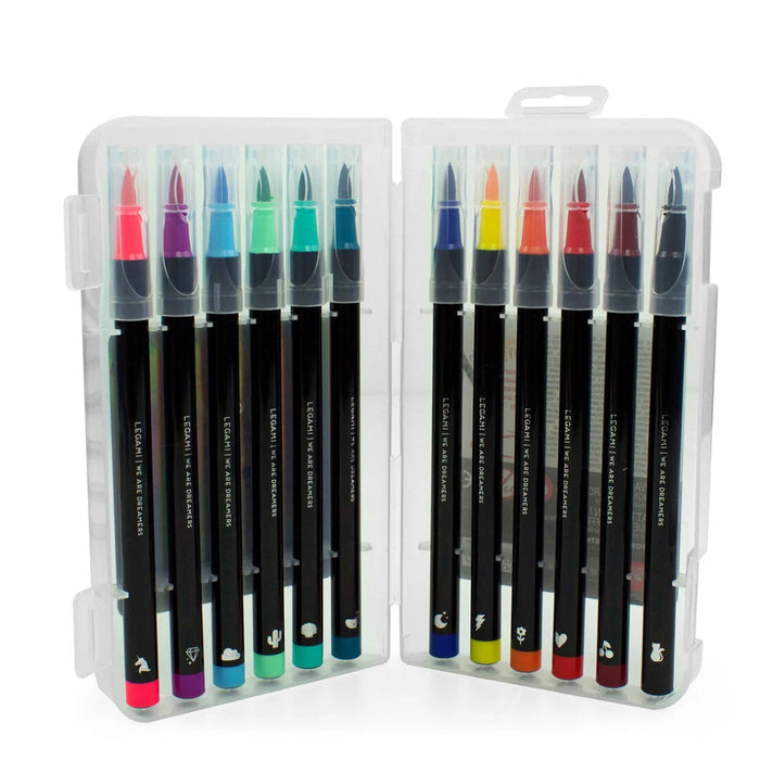 Set of colorful markers in a clear plastic case on a white background