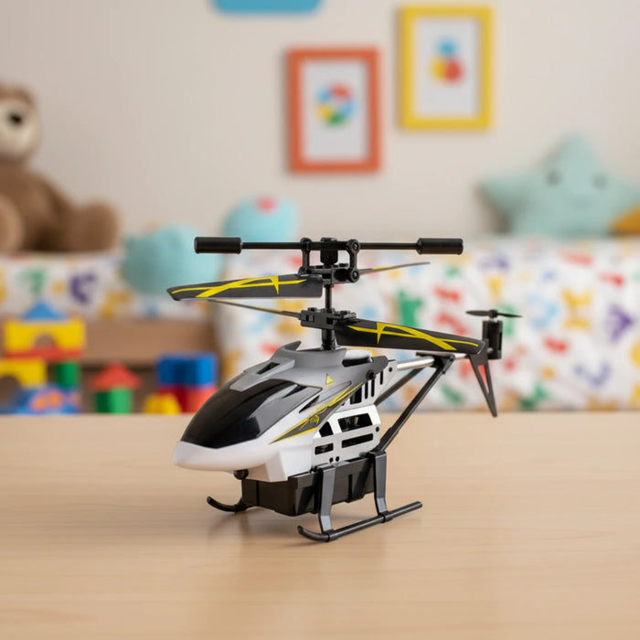 Toy helicopter with black and yellow design on a white background