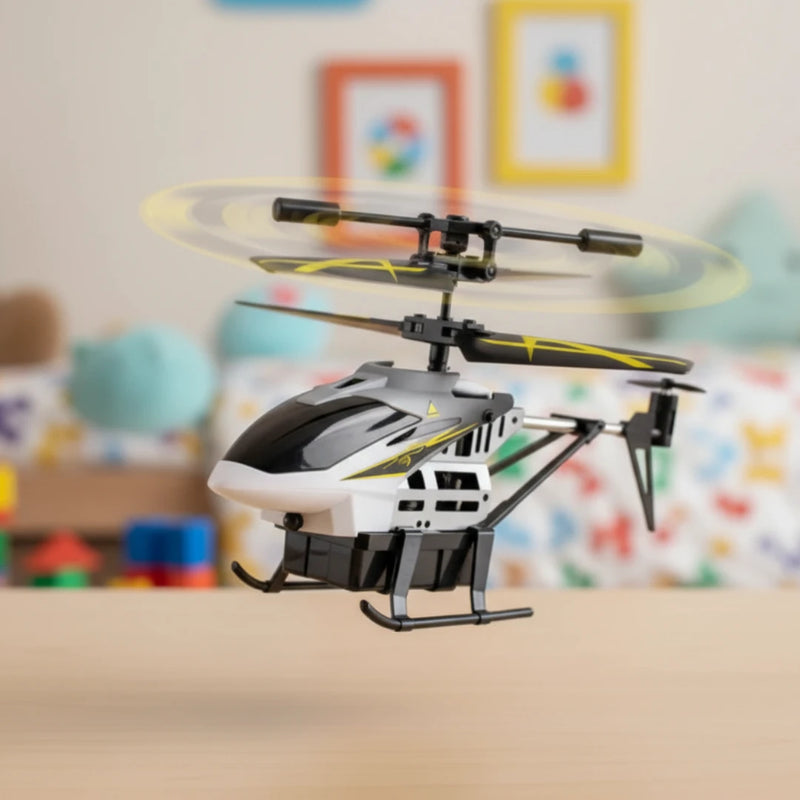 Toy helicopter on a table with a colorful room background