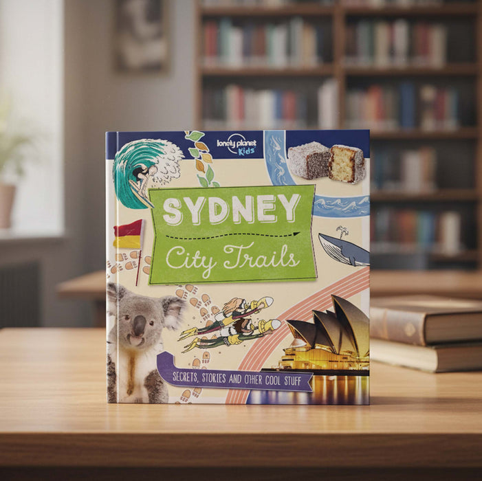 Book titled 'Sydney City Trails' by Lonely Planet Kids on a table with a blurred bookshelf background.