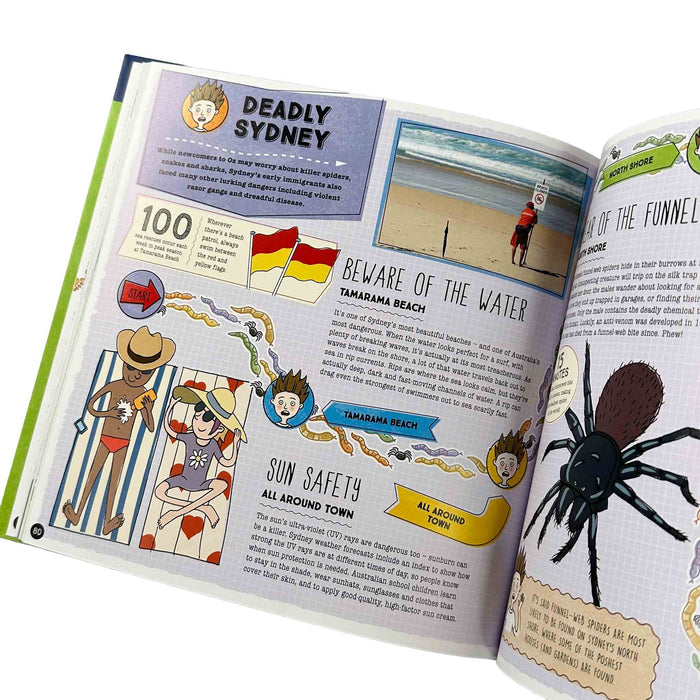 Open book with educational content on a beach theme, including illustrations and text.