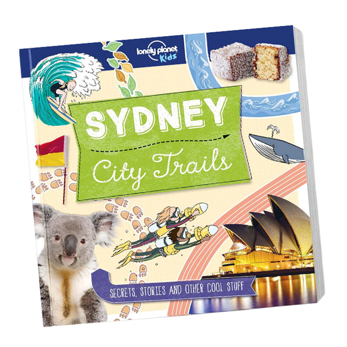 Book titled 'Sydney City Trails' by Lonely Planet Kids with illustrations of Sydney landmarks and a koala.