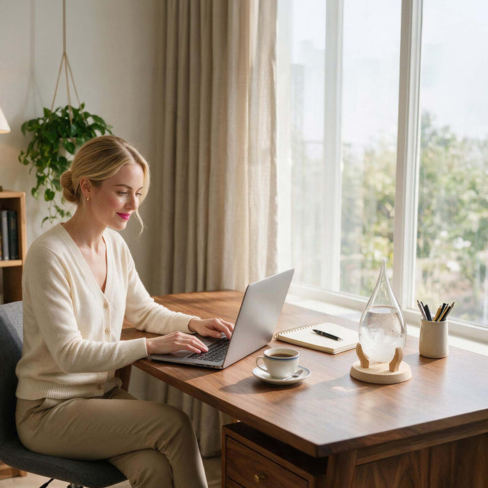 A woman in a cream cardigan and beige pants sits at a wooden desk using a laptop in a bright home office setting with a window, curtains, and a Fitzroy's Storm Glass Teardrop Shape
