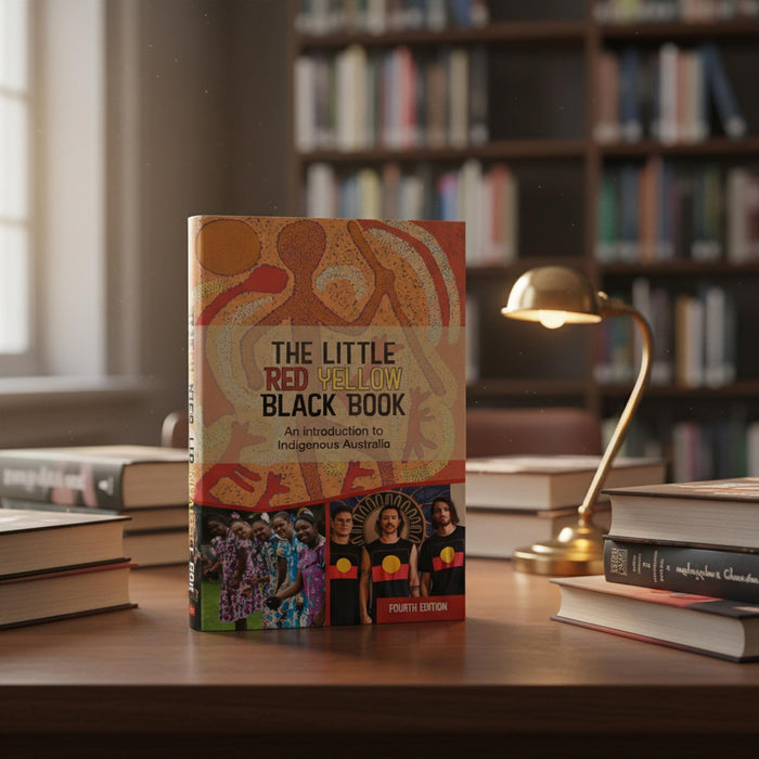 The Little Red, Yellow, Black Book: An introduction to Indigenous Australia, 4th Edition, standing upright on a wooden desk surrounded by books and a lit brass lamp, with a blurred library background.