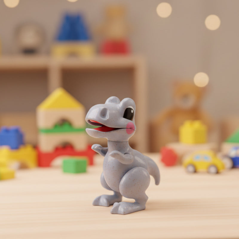 A small gray dinosaur toy figurine with black eyes and pink cheeks, standing on a light wooden surface with colorful blurred toys in the background.