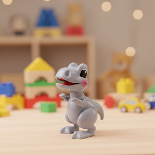 A small gray dinosaur toy figurine with black eyes and pink cheeks, standing on a light wooden surface with colorful blurred toys in the background.