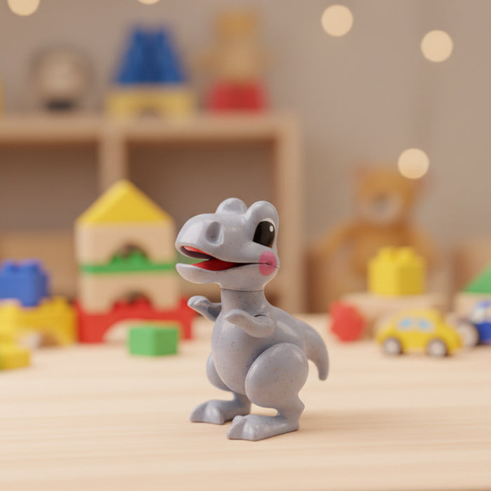 A small gray dinosaur toy figurine with black eyes and pink cheeks, standing on a light wooden surface with colorful blurred toys in the background.