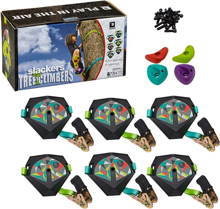 Packaging and components of Slackers Tree Climbers kit including base plates, ratchet straps, and climbing holds, displayed on a white background.